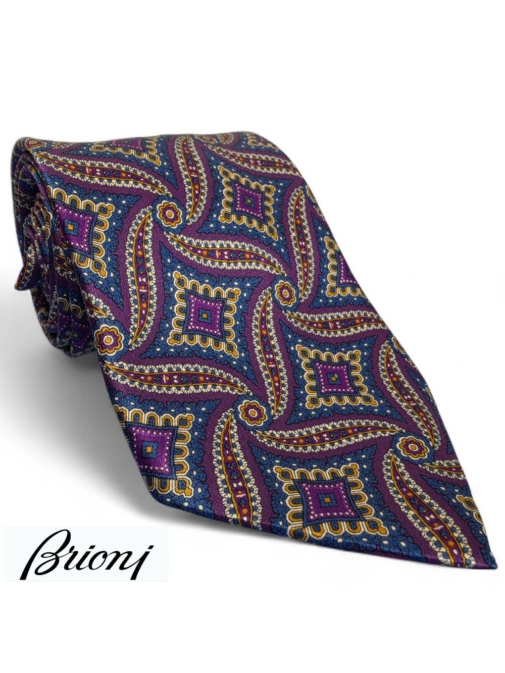Brioni Silk Tie Purple Blue Paisley Geometric Handmade Italy Luxury